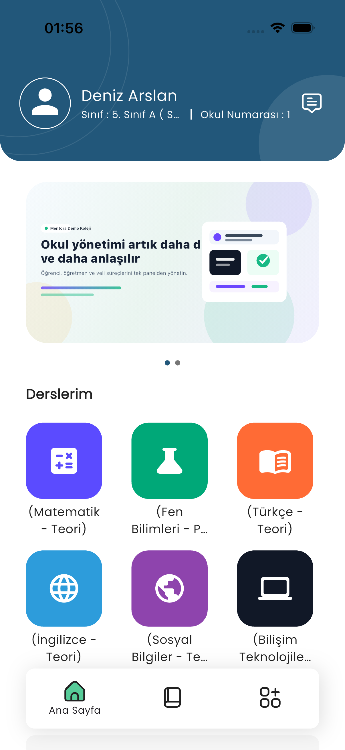 Mentora öğrenci uygulaması ana ekranı