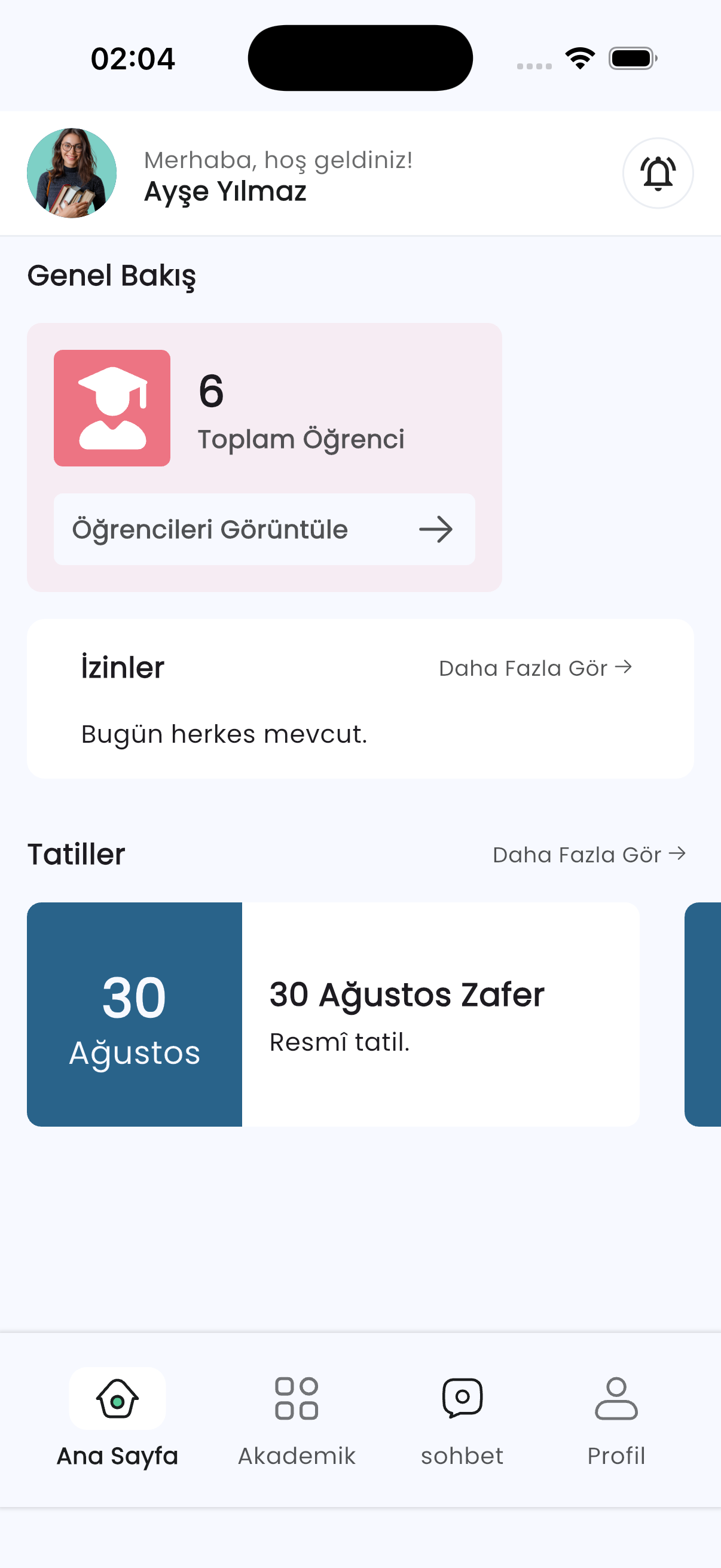 Mentora öğretmen uygulaması ana ekranı