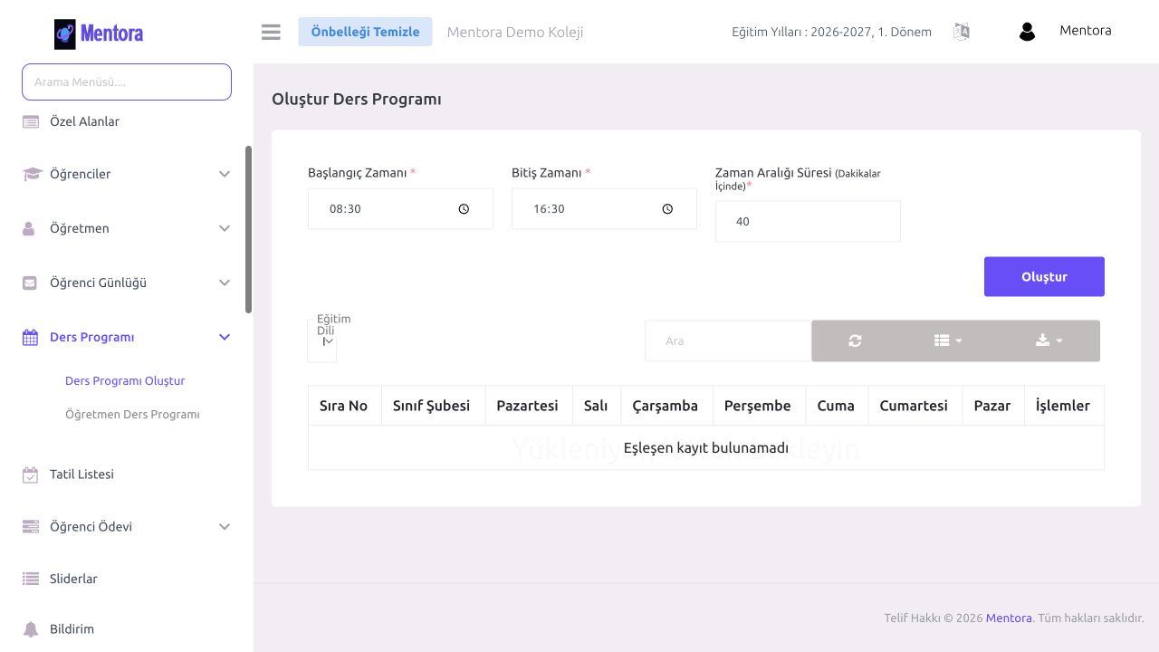 Mentora ders programı ekranı