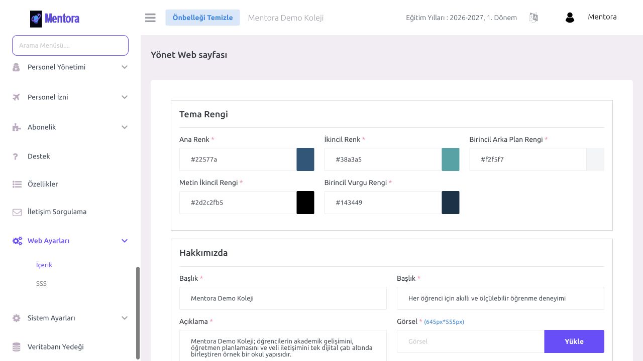 Mentora okul web sitesi ayarları