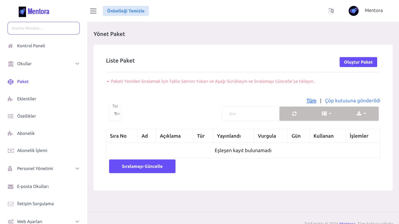 Mentora paket yönetimi
